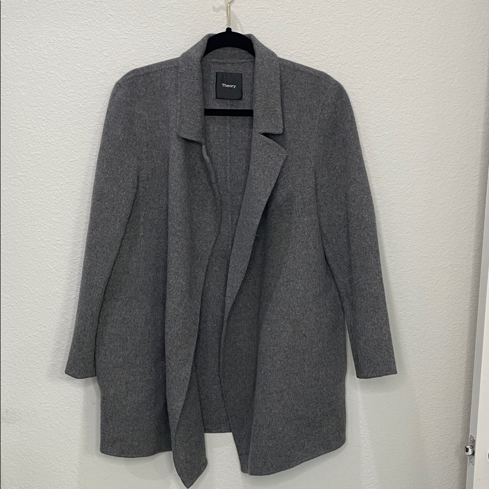 Theory Charcoal Grey Clairene Open-Front Wool Coat EUC Size Large